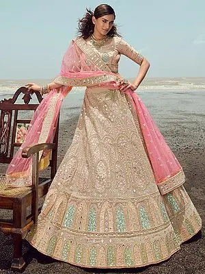 Ivory-Cream Organza Lehenga Choli with Dori-Thread-Zarkan Work and Soft Net Dupatta