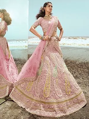 Pink Organza Lehenga Choli With Dori-Thread-Zarkan Work And Soft Net Dupatta