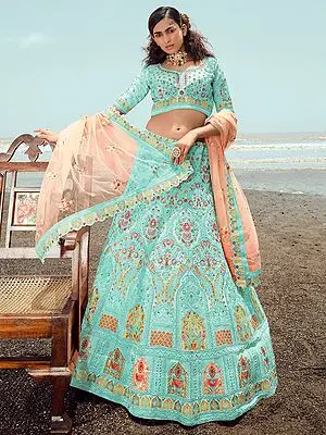 Turquoise Georgette Lehenga Choli with Dori-Thread-Zarkan Work and Soft Net Dupatta