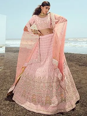 Pink Georgette Lehenga Choli With Zari-Thread-Zarkan Work And Soft Net Dupatta