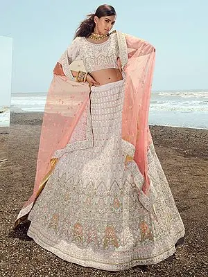 White Georgette Lehenga Choli With Zari-Thread-Zarkan Work And Soft Net Dupatta
