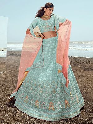 Turquoise Georgette Lehenga Choli With Zari-Thread-Zarkan Work And Soft Net Dupatta