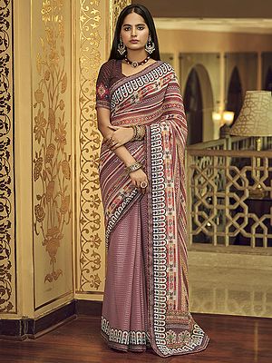 Mauve-Orchid Georgette Saree With Sequins, Thread And Abstract Print