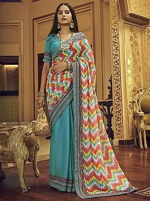 Scuba-Blue Georgette Saree with Sequins, Thread and Multicolor Chevron Print