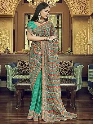 Ming-Green Georgette Saree With Sequins, Thread And Abstract Print