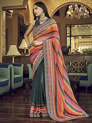 Orion-Blue Georgette Saree with Sequins, Thread and Abstract Print