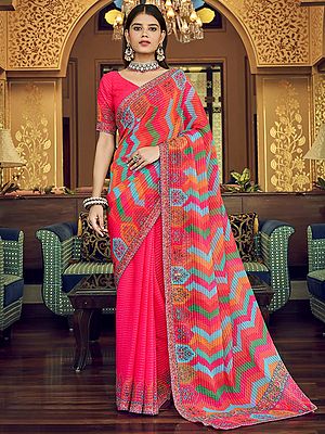 Fuschia Georgette Saree with Sequins, Thread and Abstract Print