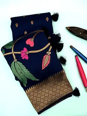 Navy-Blue Soft Silk Banarasi Saree with Brocaded Floral Motif