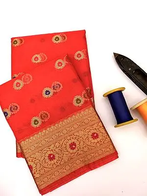 Rose-Red Organza Silk Banarasi Saree with Brocaded Floral Motif