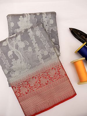 Slate-Gray Organza Silk Banarasi Saree With Brocaded Floral Motif