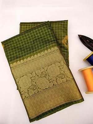 Moss-Green Organza Silk - Badal Print Banarasi Saree With Brocaded Floral Motif