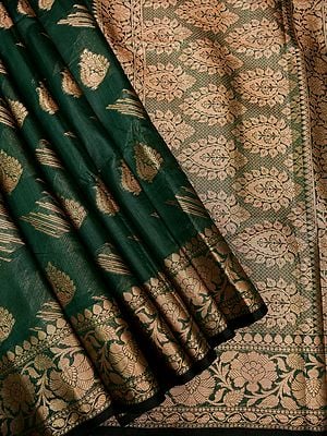Bottle-Green Mohini Silk Banarasi Saree With Brocaded Floral Motif