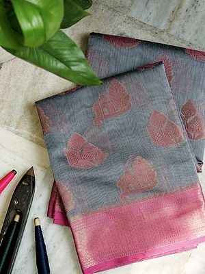 Vintage-Khakhi Swiss Cotton Silk Banarasi Saree With Brocaded Floral Motif