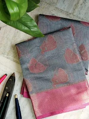 Vintage-Khakhi Swiss Cotton Silk Banarasi Saree with Brocaded Floral Motif