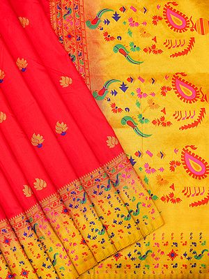 Poppy-Red Softy Banarasi Saree With Brocaded Floral Motif