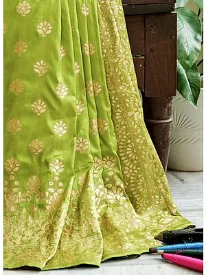 Parrot-Green Gota Patti Silk Banarasi Saree with Brocaded Floral Motif