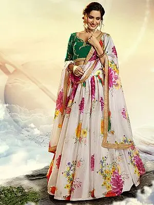 Green-White Floral Digital Print Lehenga Choli with Floral Print Dupatta, Zari Sequins work on Choli