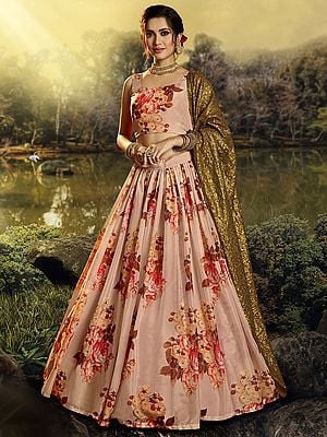 Coral Digital Floral Print Lehenga Choli with Heavy Sequins Work and Golden Dupatta