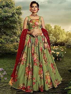 Bottle-Green with Beautiful Floral Print Lehenga Choli With Heavy Sequins Work Red Dupatta