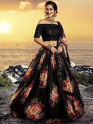 Jet-Black Lehenga Choli With Sequins Work on Choli And Floral Print Dupatta