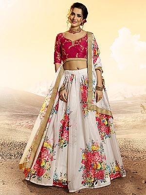 Pink-White Floral Digital Print Lehenga and Dupatta, Zari Sequins work on Choli