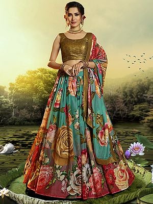 Multicolour Digital Rose Print Lehenga With Sequins Work Golden Choli And Printed Dupatta