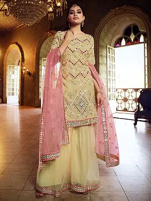 Beige Organza Sharara Suit With Thread, Foil Mirror Work And Soft Net Dupatta