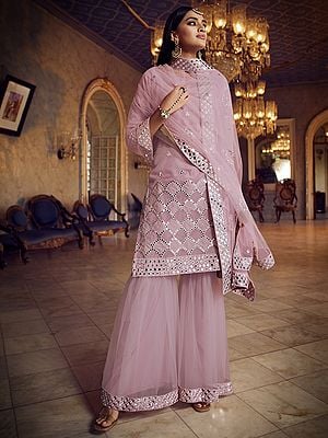 Baby Pink Organza Sharara Suit With Thread, Foil Mirror, Cutwork Work And Soft Net Dupatta