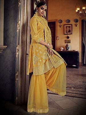 Mustard  Yellow Organza Sharara Suit With Thread, Foil Mirror Work And Soft Net Dupatta