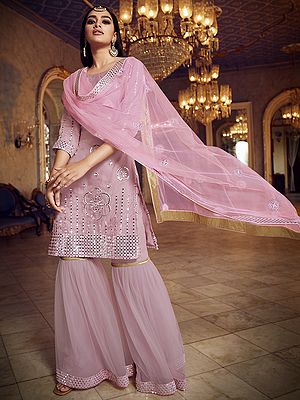 Baby Pink Organza Sharara Suit With Thread, Foil Mirror Work And Soft Net Dupatta