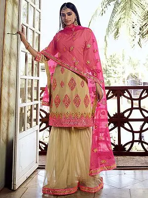 Beige Organza Sharara Suit with Thread, Foil Mirror Work with Soft Net Dupatta