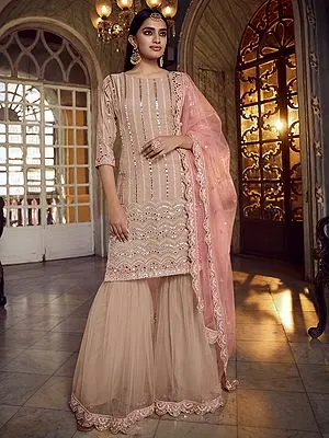 Peach Organza Sharara Suit With Thread, Foil Mirror Work And Soft Net Dupatta