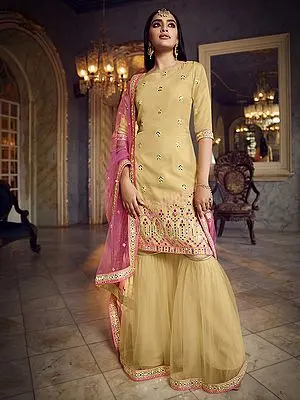 Beige Organza Sharara Suit With Thread, Soft Net Dupatta with Foil Mirror Work