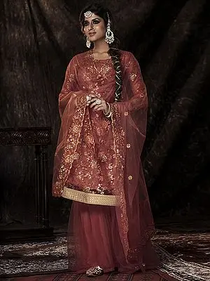 Burnt Orange Soft Net Sharara Suit  With Sequins Work And Soft Net Dupatta