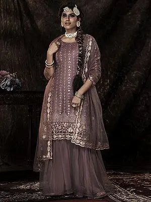 Lilac Soft Net Sharara Suit With Sequins Work And Soft Net Dupatta