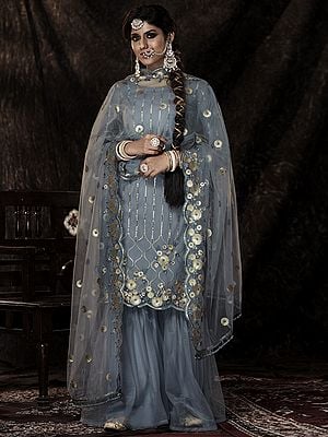 Grey Soft Net Sharara Suit With Sequins Work And Soft Net Dupatta