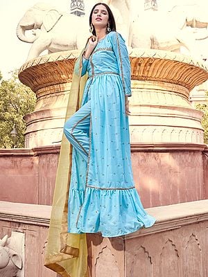 Blue Crepe Suit With Pants And Zari, Sequins Work