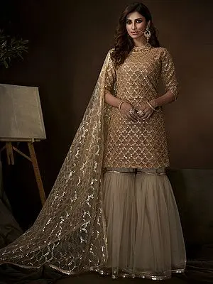 Beige Soft Net Sharara Suit With Sequin, Dori Work And Soft Net Dupatta