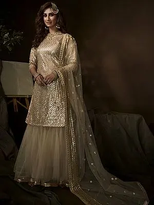 Dusky Beige Soft Net Sharara Suit With Sequin Work And Soft Net Dupatta