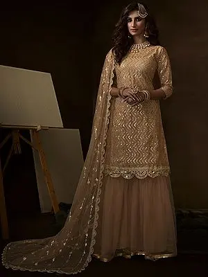 Beige Soft Net Sharara Suit with Sequin, Thread, Mirror Work and Soft Net Dupatta