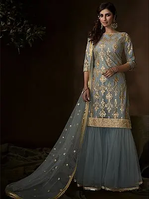 Grey Soft Net Sharara Suit With Sequin, Zari Work And Soft Net Dupatta