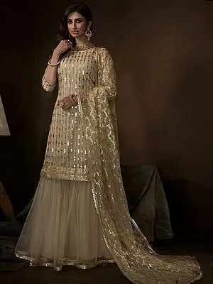 Dusky Beige Soft Net Sharara Suit With Sequin, Zari Work And Soft Net Dupatta