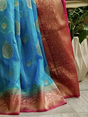 Diva-Blue Banarasi Kora Silk Saree with All Over Butta
