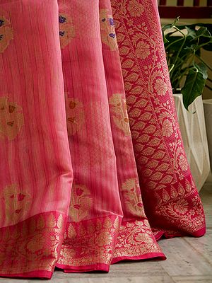 Flowering-Ginger Banarasi Linen Saree With All Over Butta