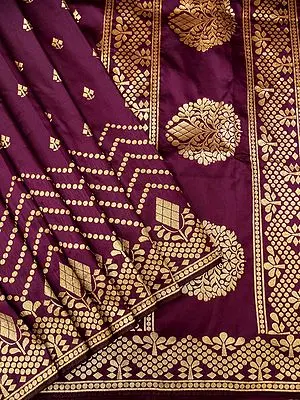 Wine Banarasi Art Silk Saree With All Over Zari Brocaded Geometric Butta