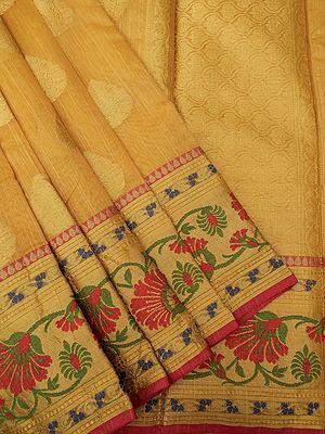 Amber-Yellow Banarasi Slub Saree With All-Over Floral Motif And Multicolor Bail Butta On Border