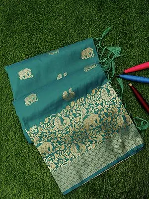 Tropical-Green Banarasi Art Silk Saree with Elephant Bird Motif