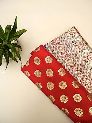 Flame-Scarlet Banarasi Art Silk Saree With Brocaded All-Over Zari Motif and Skat Buta