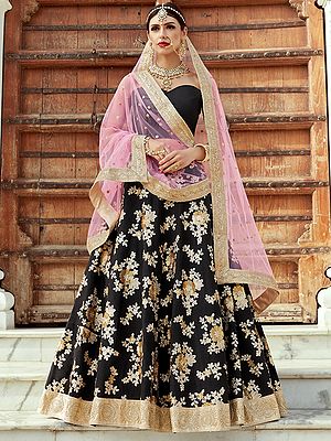 Black Crepe Silk Lehenga And Sweetheart Neck Sleeveless Choli With Floral Zari Embroidery