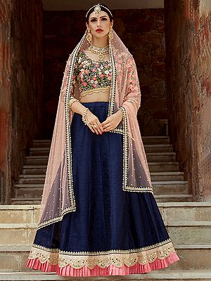 Navy-Blue Art Silk Lehenga With Lace, Mirror Work And Light and Thread, Sequins Embroidery On Choli